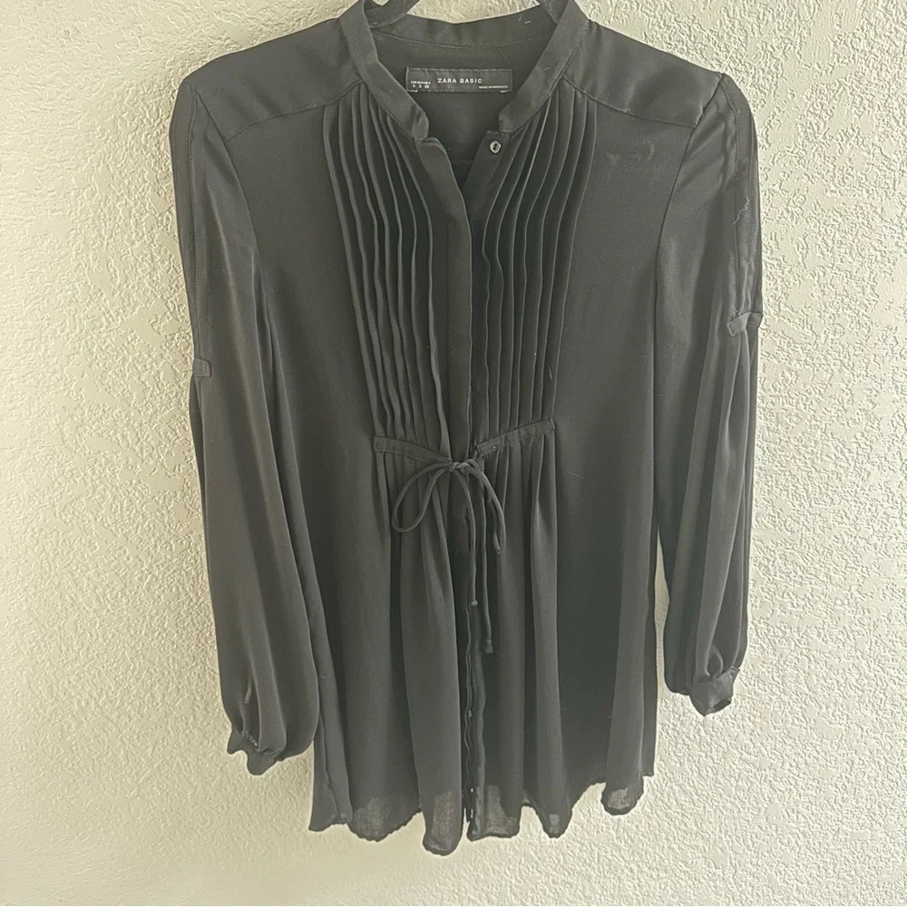 Zara black tie waist sheer long sleeve button down tunic dress shirt